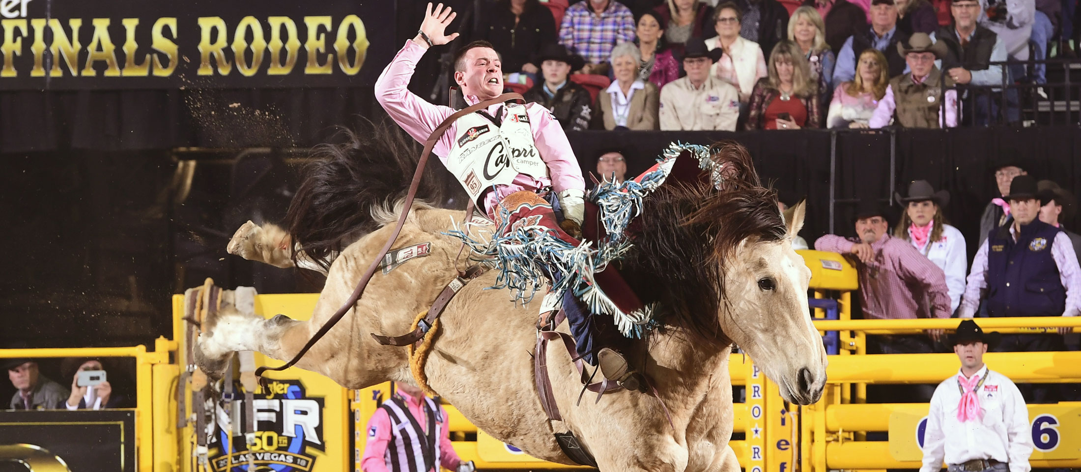 Tim O’Connell wearing a pink shirt and white vest, riding a tan bareback bronc horse at the NFR in front of yellow bucking chutes.